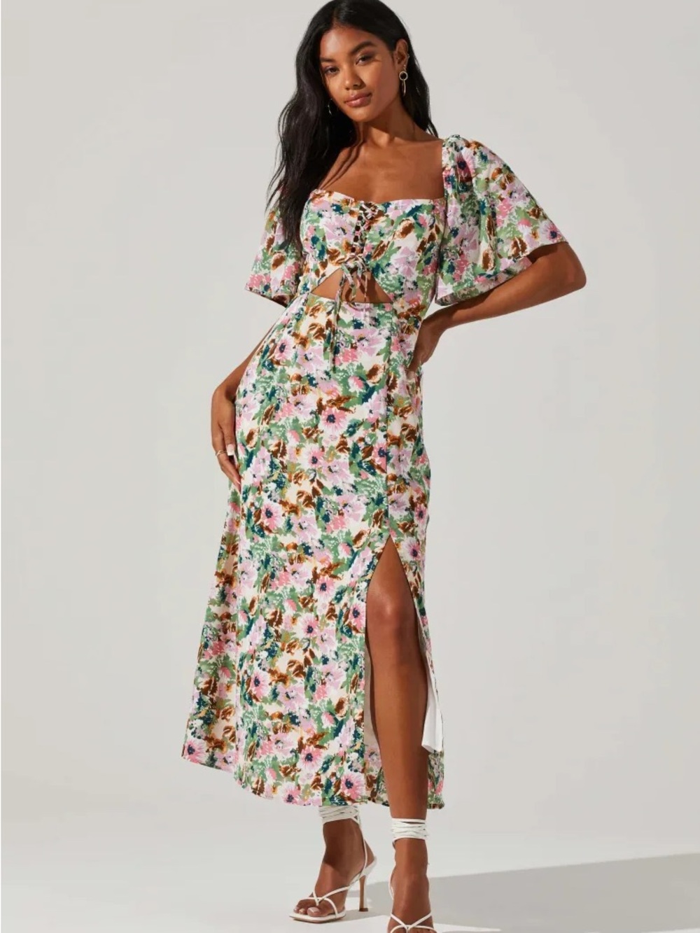 Astr Floral Pink and Green Dress with Side Slit